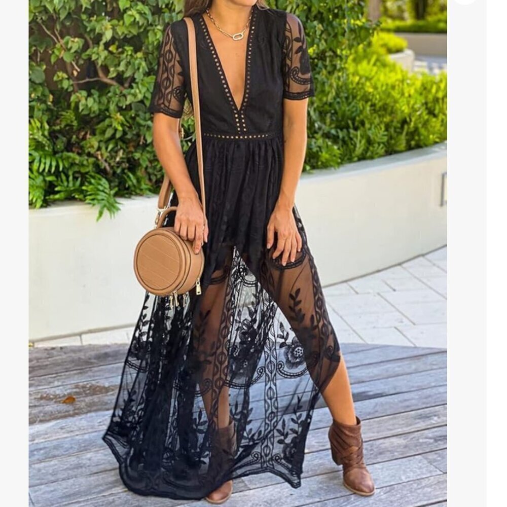 Eleter Womens Black Deep V-Neck Lace Romper Short Sleeve Long Dress-Size S - Picture 2 of 16